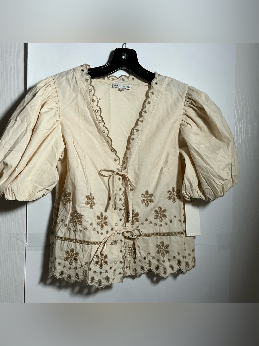 Moon River Cream Eyelet Tie-Front Puff Sleeve Blouse S, M & L
